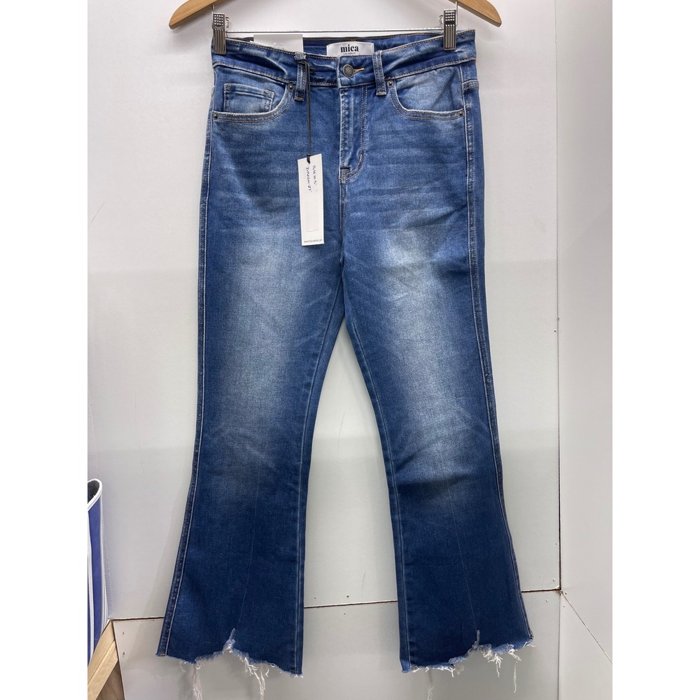 Mica Denim High Rise Crop Flare Jeans Blue Raw Hem Size 26 NWT